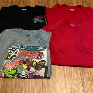 2 red plain shirts and 2 graphic shirts